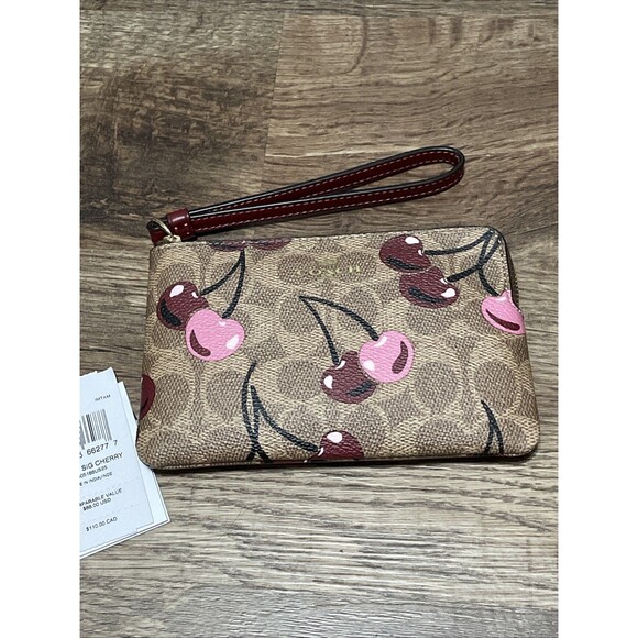 Coach Corner Zip Wristlet In Signature Canvas With Cherry Print Rare Brown - Picture 1 of 4